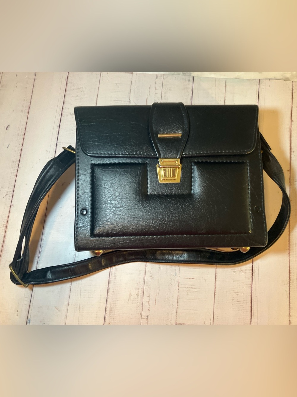 Vintage Amiet Camera Bag Faux Leather Crossbody Case Black Blue Interior